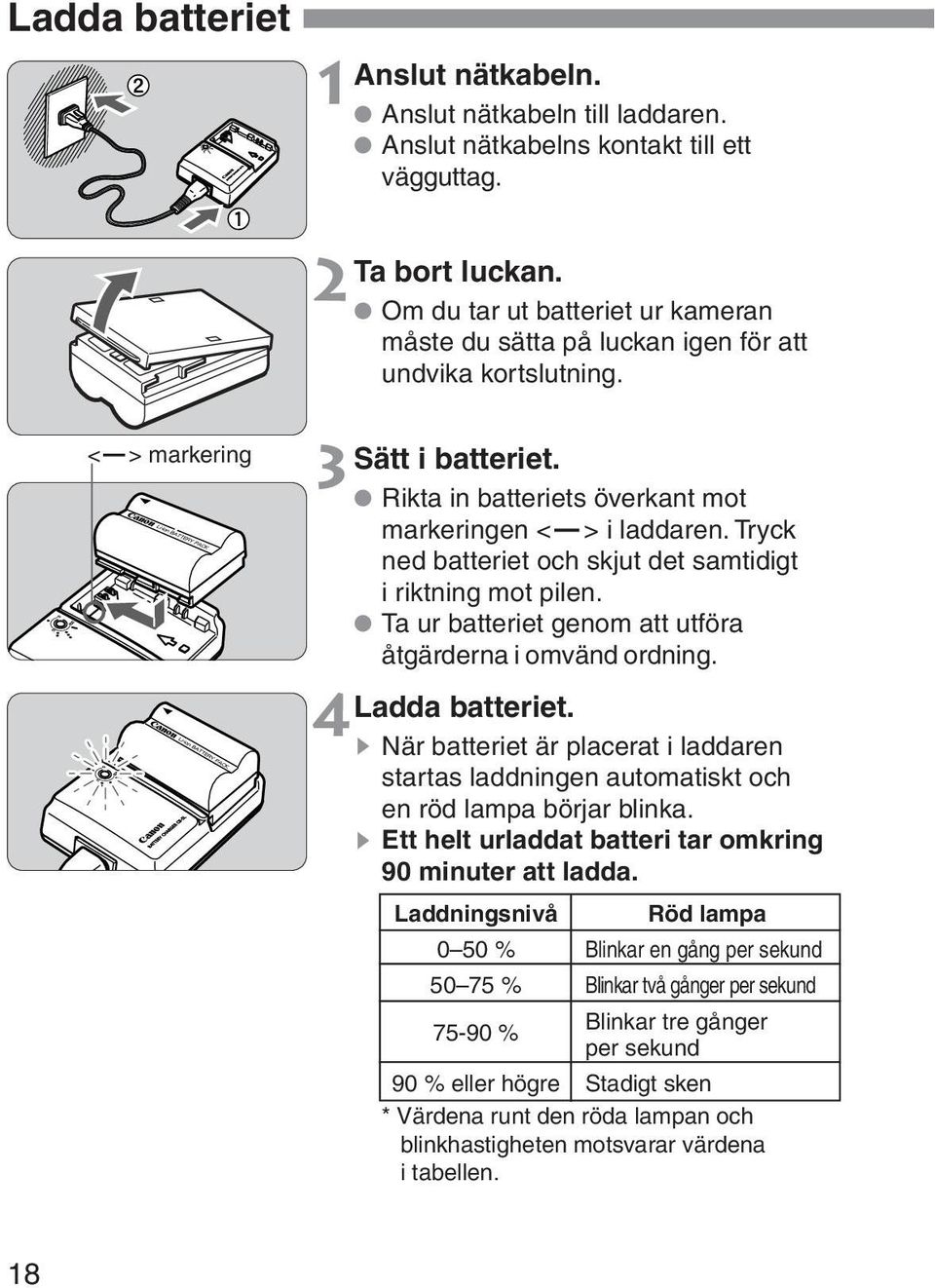 Tryck ned batteriet och skjut det samtidigt i riktning mot pilen. Ta ur batteriet genom att utföra åtgärderna i omvänd ordning. 4 Ladda batteriet.