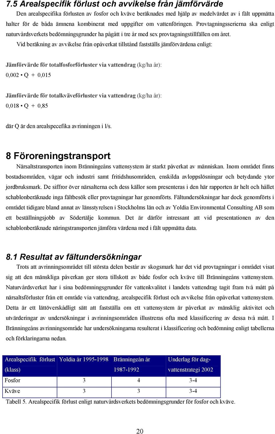 Vid beräkning av avvikelse från opåverkat tillstånd fastställs jämförvärdena enligt: Jämförvärde för totalfosforförluster via vattendrag (kg/ha år): 0,002 Q + 0,015 Jämförvärde för