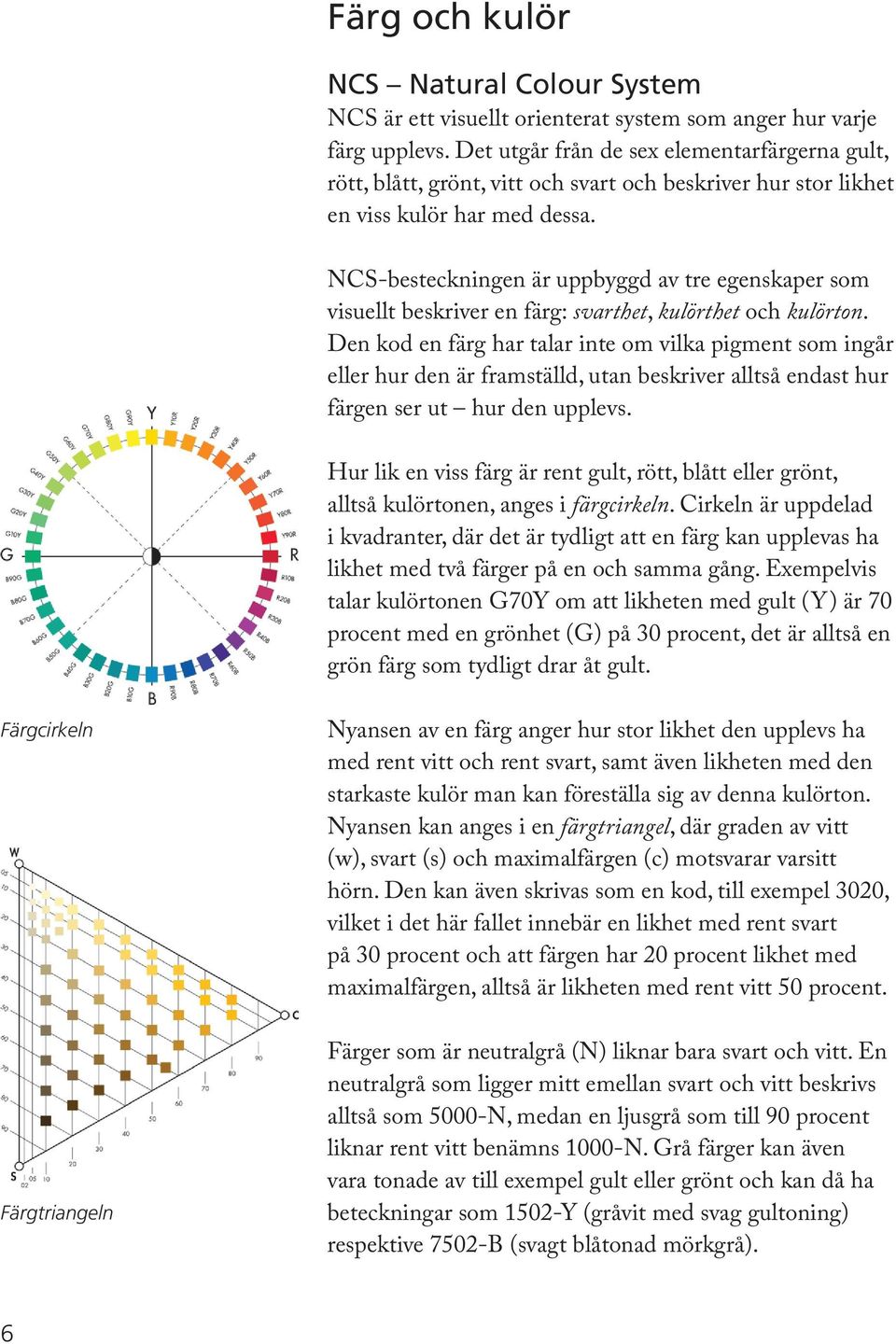 NCS-besteckningen är uppbyggd av tre egenskaper som visuellt beskriver en färg: svarthet, kulörthet och kulörton.