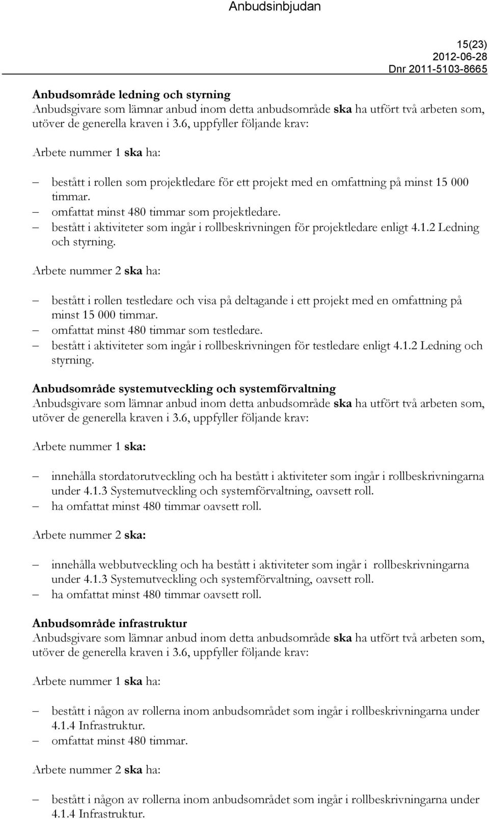 bestått i aktiviteter som ingår i rollbeskrivningen för projektledare enligt 4.1.2 Ledning och styrning.