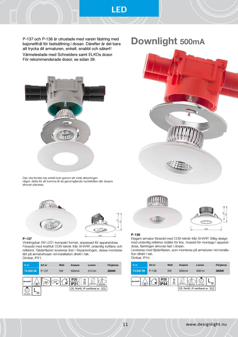 Downlight 500mA Den vita fronten tas enkelt bort genom att vrida dekorringen något, detta för att komma åt de genomgående nyckelhålen där dosans skruvar placeras.