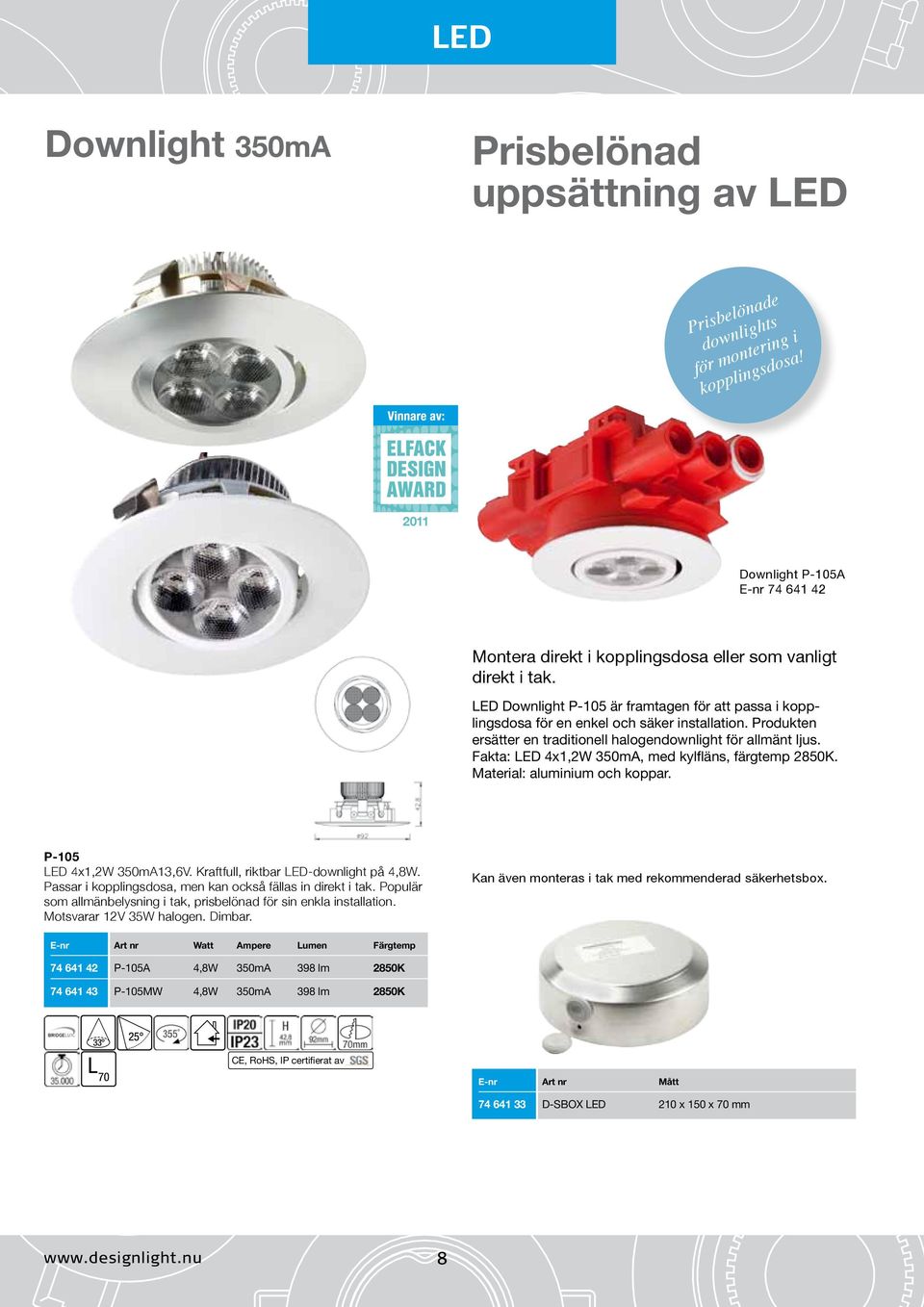 Fakta: LED 4x1,2W 350mA, med kylfläns, färgtemp 2850K. Material: aluminium och koppar. P-105 LED 4x1,2W 350mA13,6V. Kraftfull, riktbar LED-downlight på 4,8W.