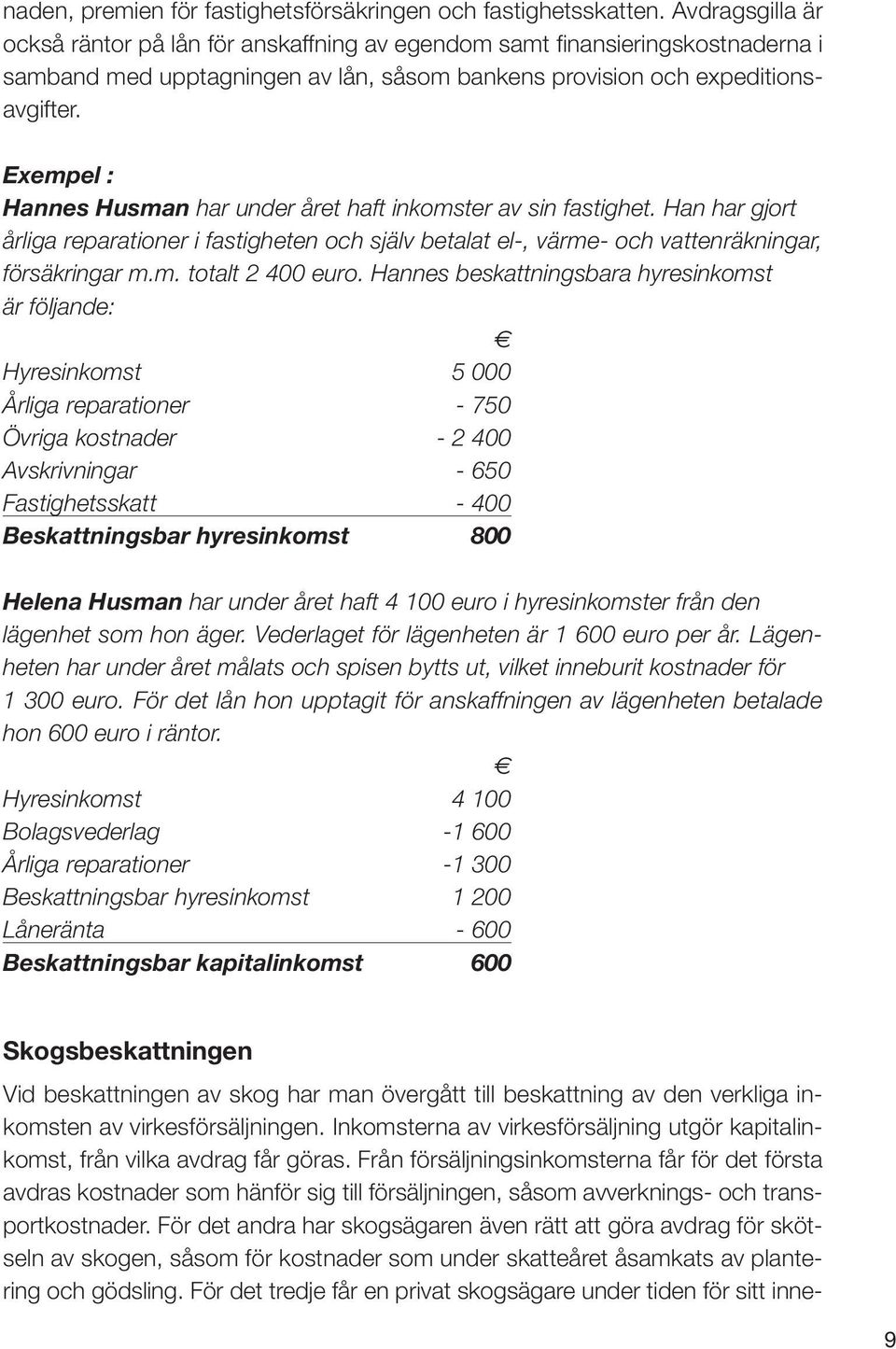 Exempel : Hannes Husman har under året haft inkomster av sin fastighet. Han har gjort årliga reparationer i fastigheten och själv betalat el-, värme- och vattenräkningar, försäkringar m.m. totalt 2 400 euro.