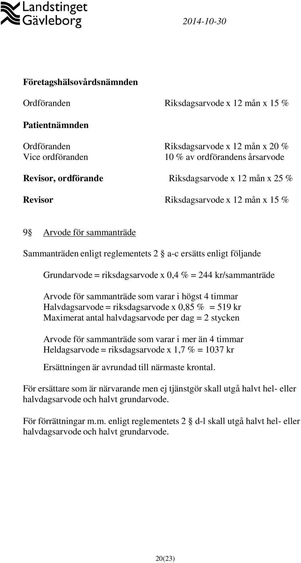 244 kr/sammanträde Arvode för sammanträde som varar i högst 4 timmar Halvdagsarvode = riksdagsarvode x 0,85 % = 519 kr Maximerat antal halvdagsarvode per dag = 2 stycken Arvode för sammanträde som