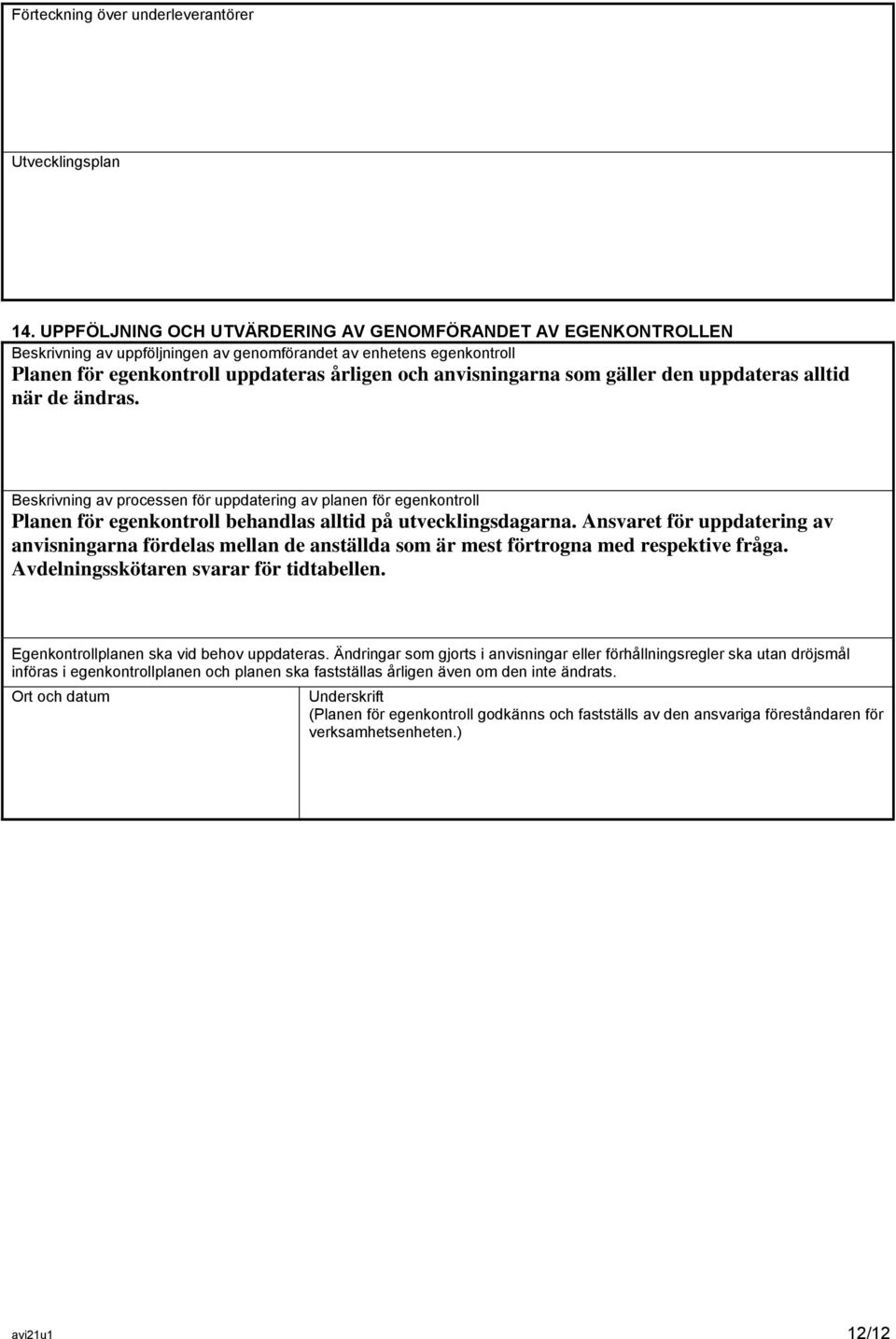 gäller den uppdateras alltid när de ändras. Beskrivning av processen för uppdatering av planen för egenkontroll Planen för egenkontroll behandlas alltid på utvecklingsdagarna.