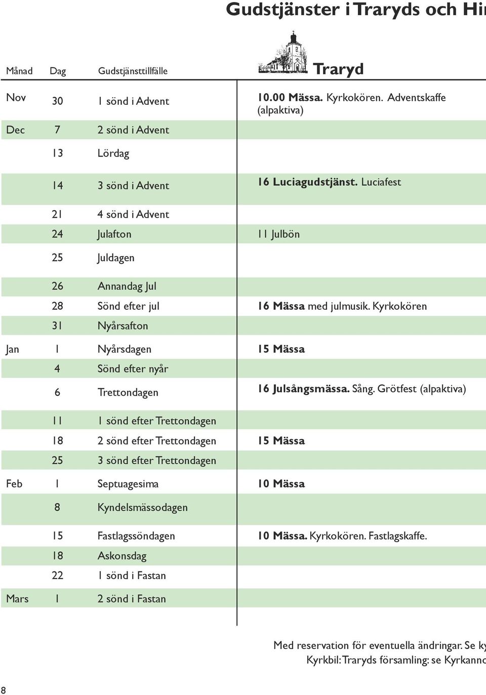 Kyrkokören 31 Nyårsafton Jan 1 Nyårsdagen 15 Mässa 4 Sönd efter nyår 6 Trettondagen 16 Julsångsmässa. Sång.