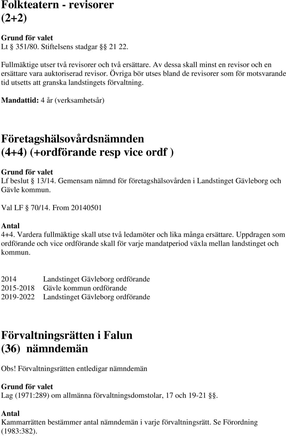 Gemensam nämnd för företagshälsovården i Landstinget Gävleborg och Gävle kommun. Val LF 70/14. From 20140501 4+4. Vardera fullmäktige skall utse två ledamöter och lika många ersättare.