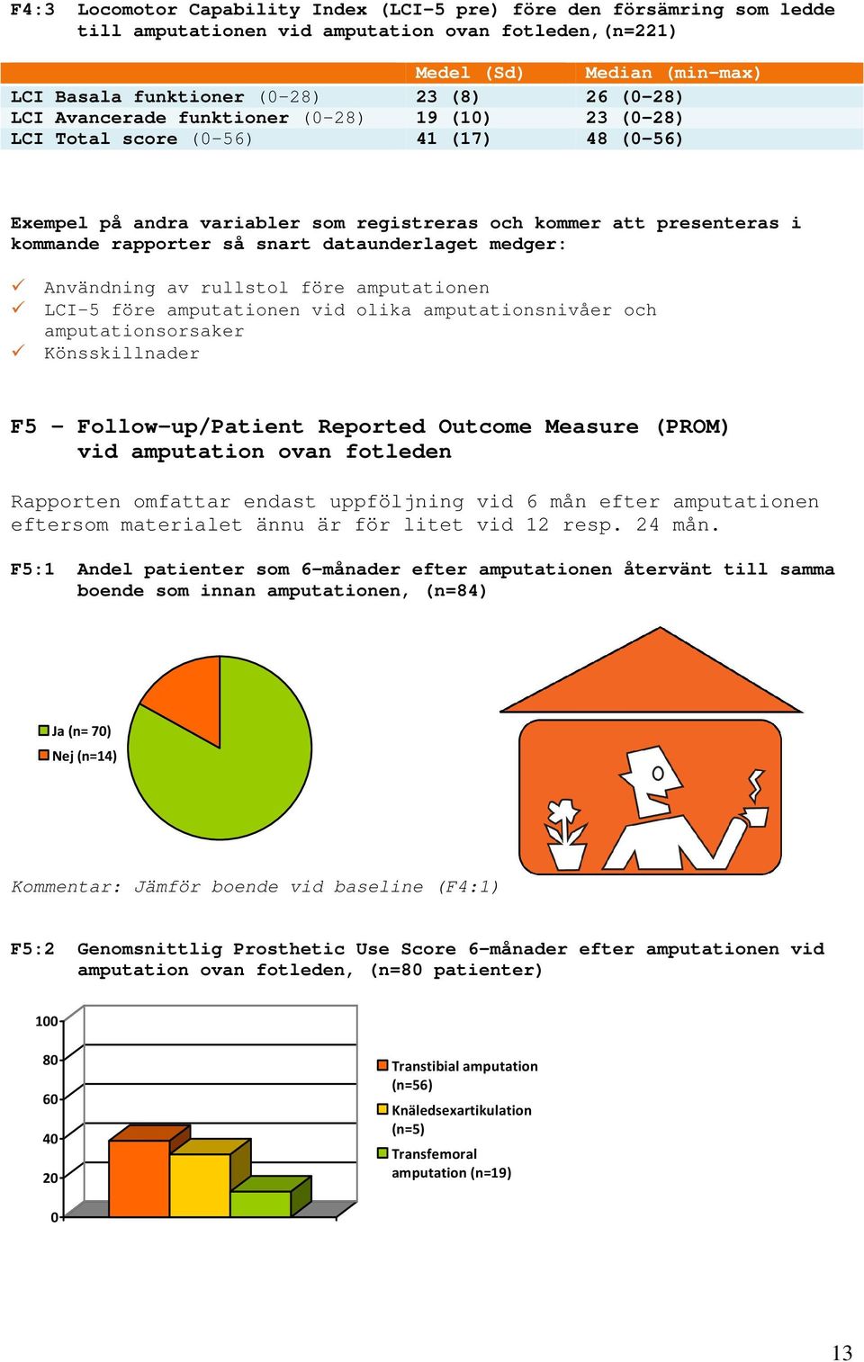 dataunderlaget medger: Användning av rullstol före amputationen LCI-5 före amputationen vid olika amputationsnivåer och amputationsorsaker Könsskillnader F5 - Follow-up/Patient Reported Outcome