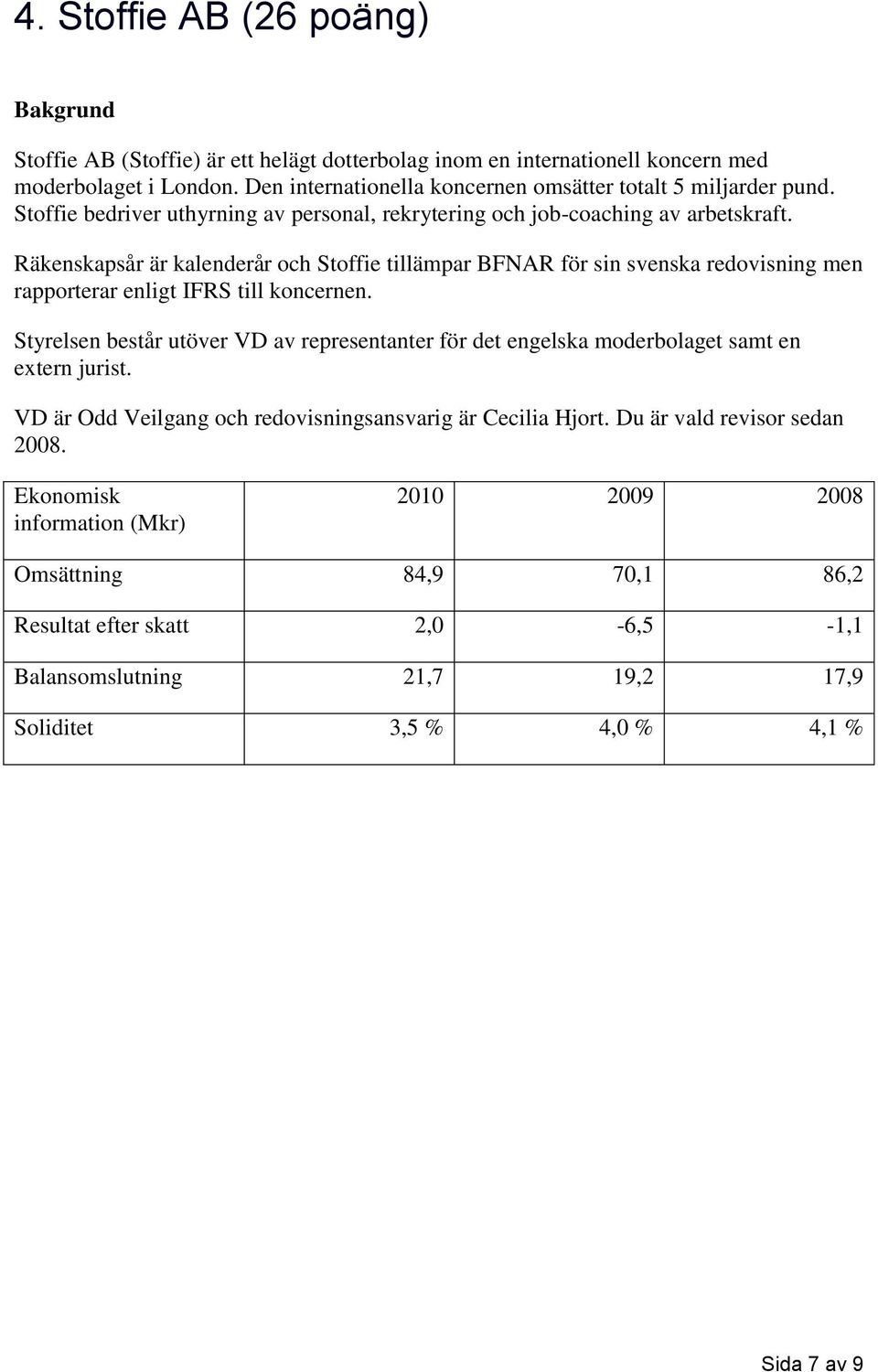 Räkenskapsår är kalenderår och Stoffie tillämpar BFNAR för sin svenska redovisning men rapporterar enligt IFRS till koncernen.