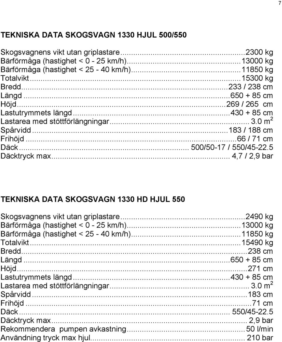 .. 500/50-17 / 550/45-22.5 Däcktryck max... 4,7 / 2,9 bar TEKNISKA DATA SKOGSVAGN 1330 HD HJUL 550 Skogsvagnens vikt utan griplastare...2490 kg Bärförmåga (hastighet < 0-25 km/h).