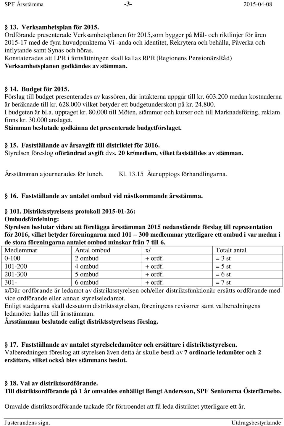 samt Synas och höras. Konstaterades att LPR i fortsättningen skall kallas RPR (Regionens PensionärsRåd) Verksamhetsplanen godkändes av stämman. 14. Budget för 2015.