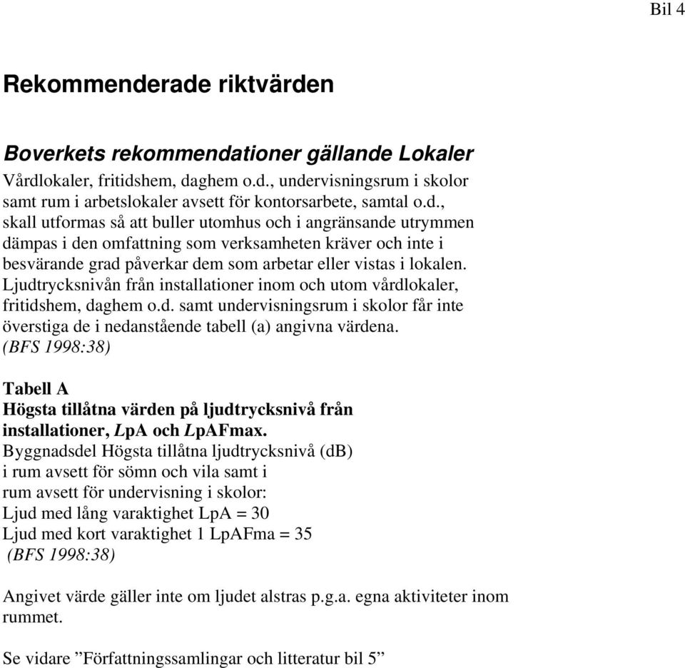 Ljudtrycksnivån från installationer inom och utom vårdlokaler, fritidshem, daghem o.d. samt undervisningsrum i skolor får inte överstiga de i nedanstående tabell (a) angivna värdena.