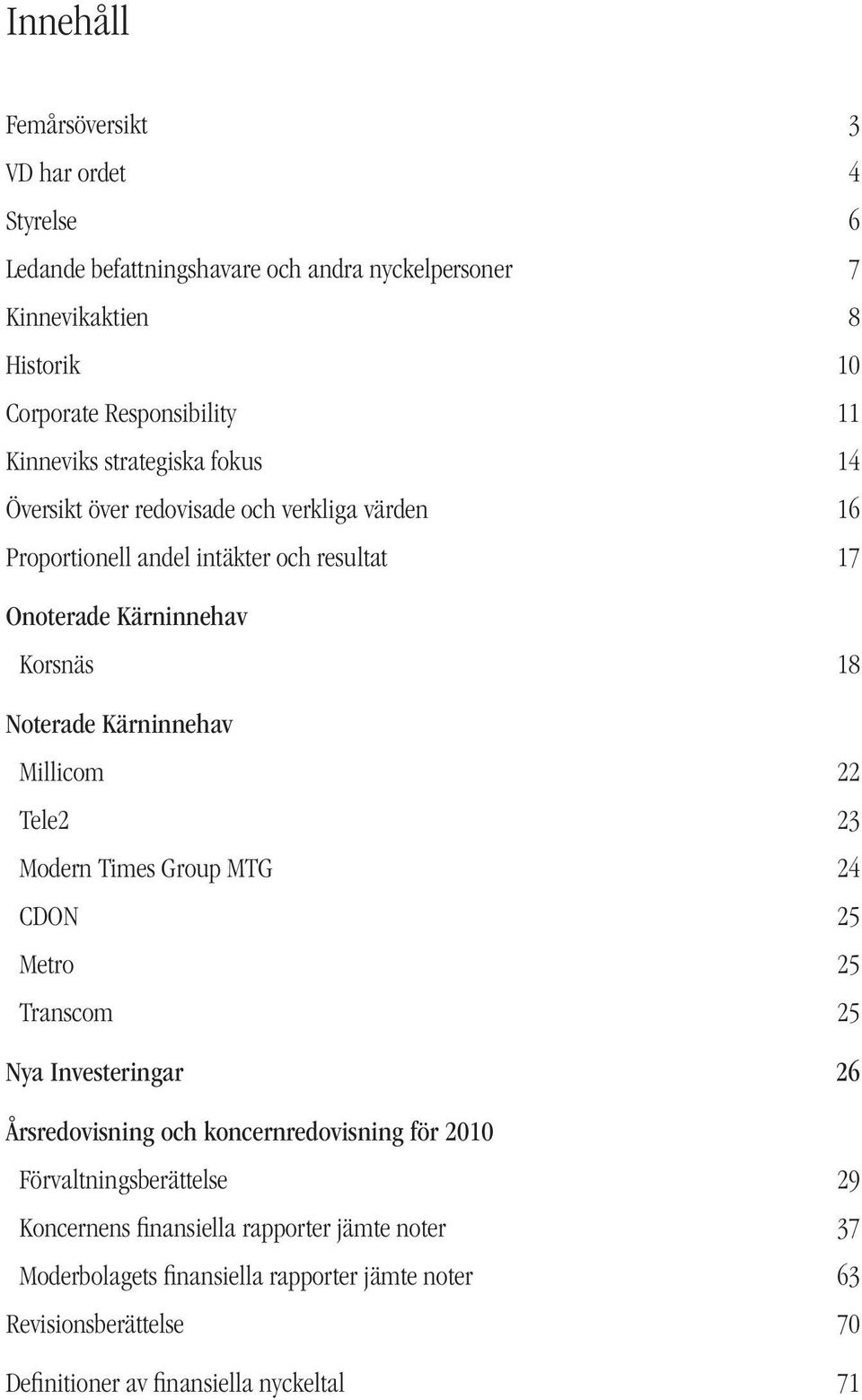 Kärninnehav Millicom 22 Tele2 23 Modern Times Group MTG 24 CDON 25 Metro 25 Transcom 25 Nya Investeringar 26 Årsredovisning och koncernredovisning för 2010