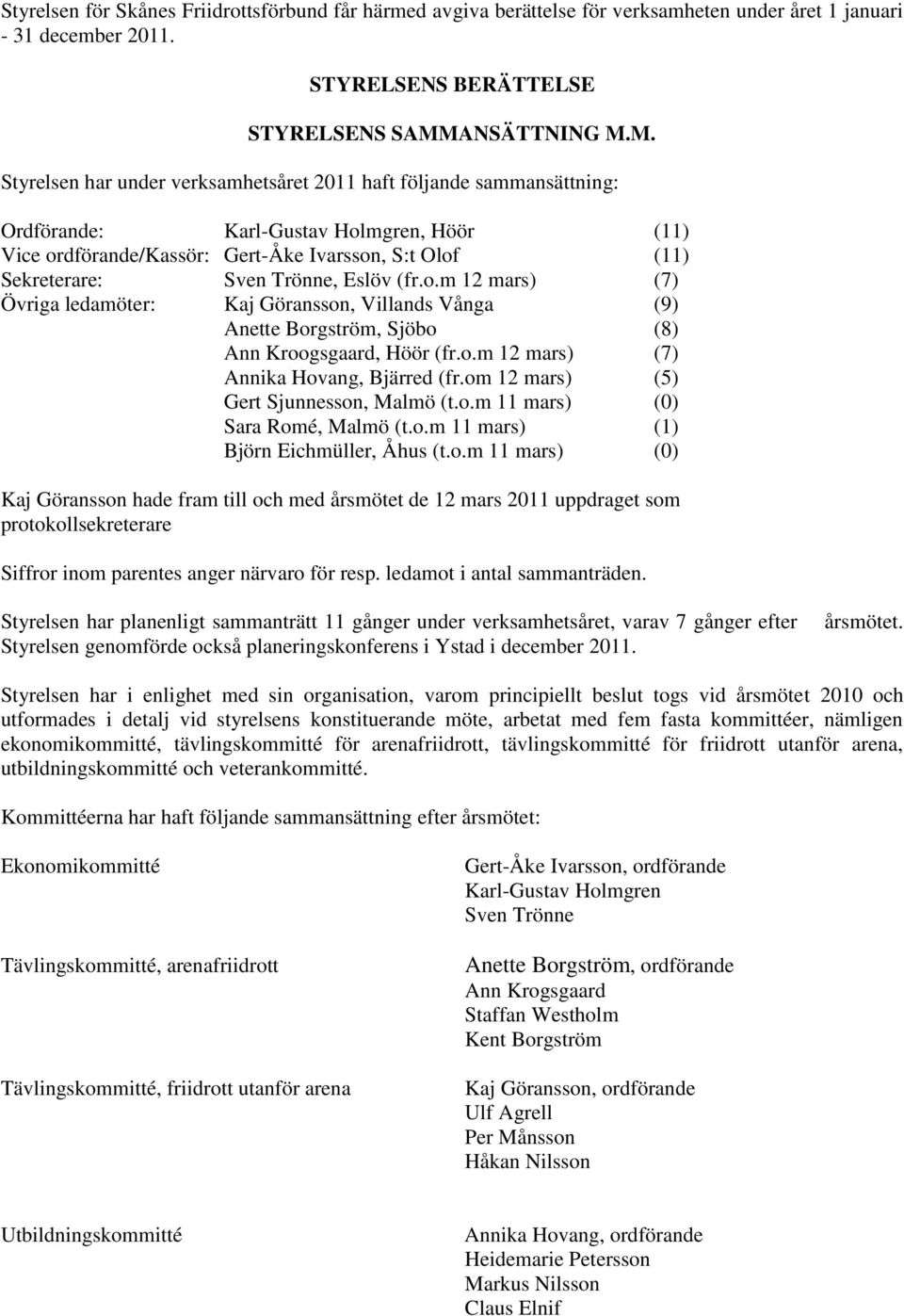M. Styrelsen har under verksamhetsåret 2011 haft följande sammansättning: Ordförande: Karl-Gustav Holmgren, Höör (11) Vice ordförande/kassör: Gert-Åke Ivarsson, S:t Olof (11) Sekreterare: Sven