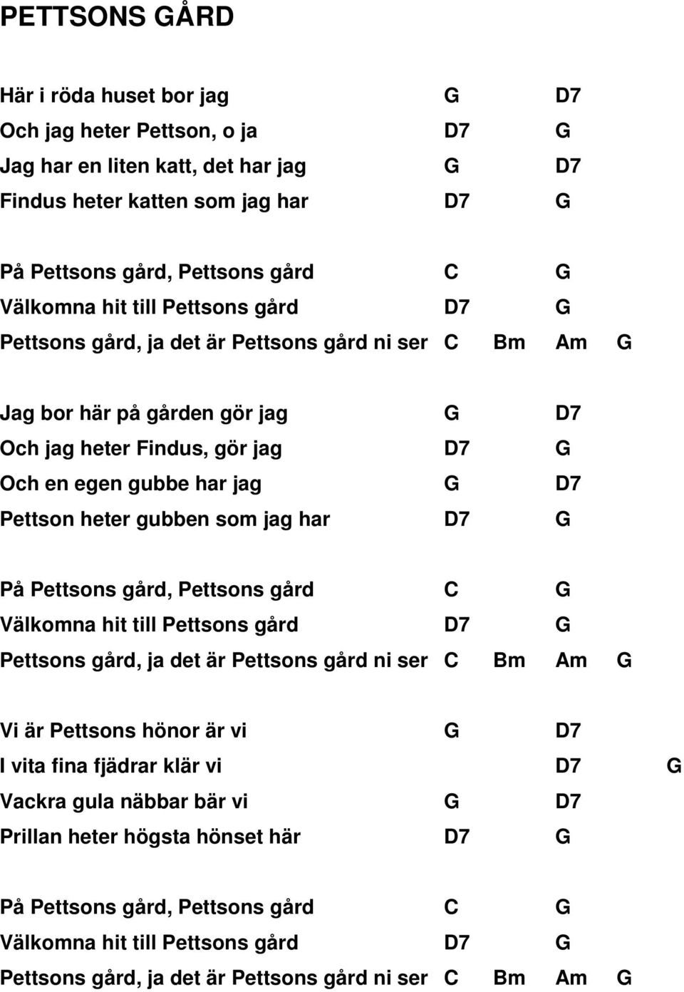 gubben som jag har D7 På Pettsons gård, Pettsons gård Välkomna hit till Pettsons gård D7 Pettsons gård, ja det är Pettsons gård ni ser Bm m Vi är Pettsons hönor är vi D7 I vita fina