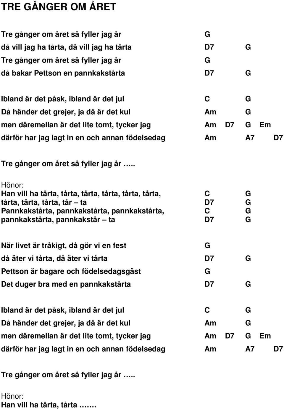 . Hönor: Han vill ha tårta, tårta, tårta, tårta, tårta, tårta, tårta, tårta, tårta, tår ta D7 Pannkakstårta, pannkakstårta, pannkakstårta, pannkakstårta, pannkakstår ta D7 När livet är tråkigt, då