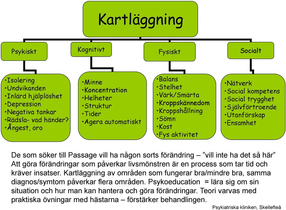 Självförtroende Utanförskap Ensamhet De som söker till Passage vill ha någon sorts förändring vill inte ha det så här Att göra förändringar som påverkar livsmönstren är en process som tar tid och