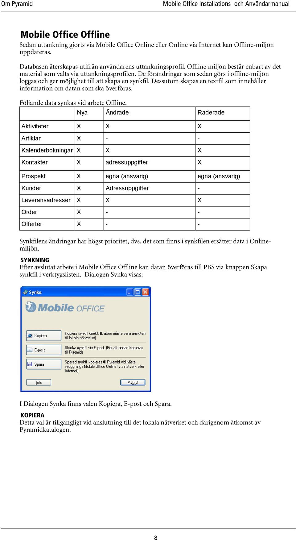 Dessutom skapas en textfil som innehåller information om datan som ska överföras. Följande data synkas vid arbete Offline.