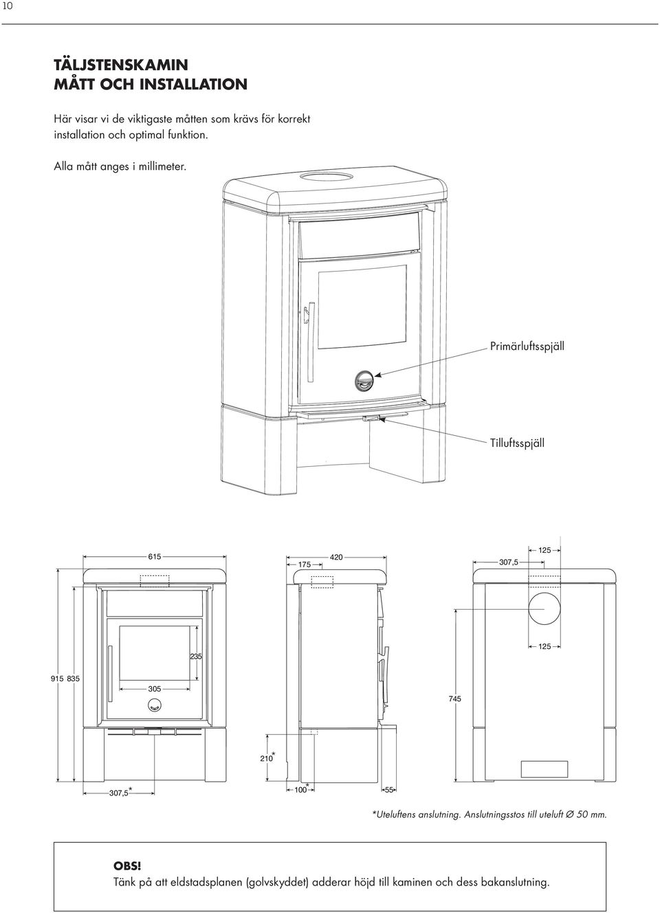 100 765 235 235 125 U An til 915 915835 835 305 305 745 210 210 Utel Anslu till ute 307,5 307,5 307,5 307,5 100 100 55 55 Uteluftens anslutning. Anslutningsstos till uteluft Ø 50 mm.