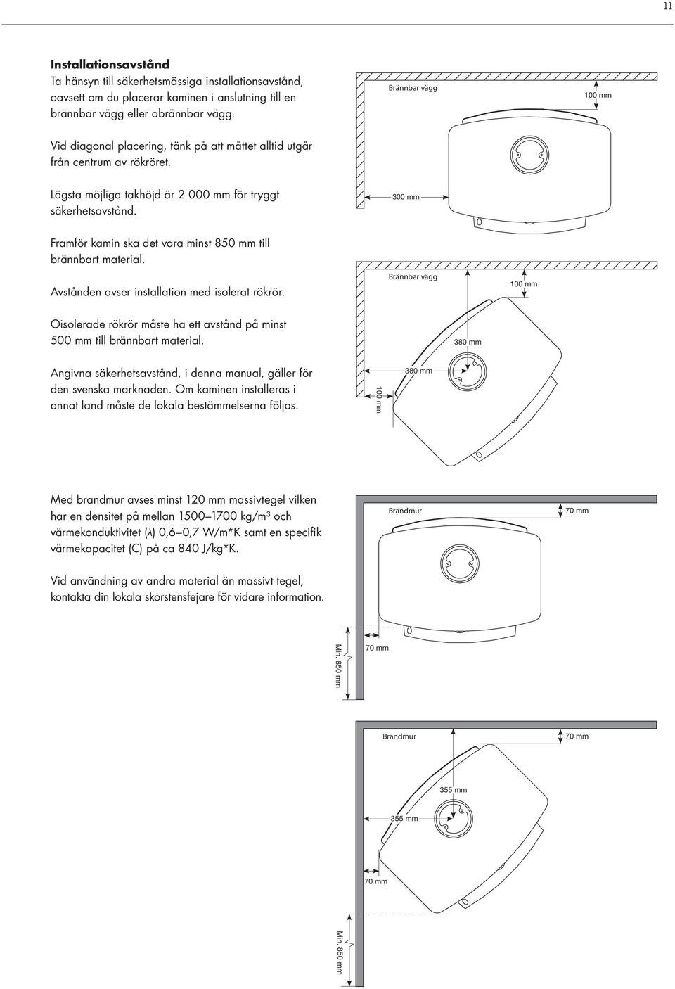 Framför kamin ska det vara minst 850 mm till brännbart material. Avstånden avser installation med isolerat rökrör. Oisolerade rökrör måste ha ett avstånd på minst 500 mm till brännbart material.