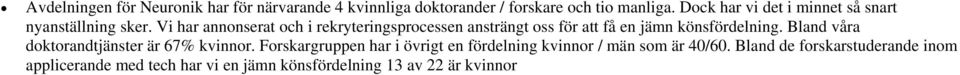 Vi har annonserat och i rekryteringsprocessen ansträngt oss för att få en jämn könsfördelning.