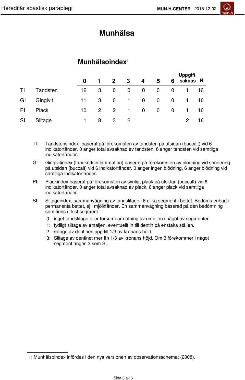 GI SI: Gingivitindex (tandköttsinflammation) baserat på förekomsten av blödning vid sondering på utsidan (buccalt) vid 6 indikatortänder.