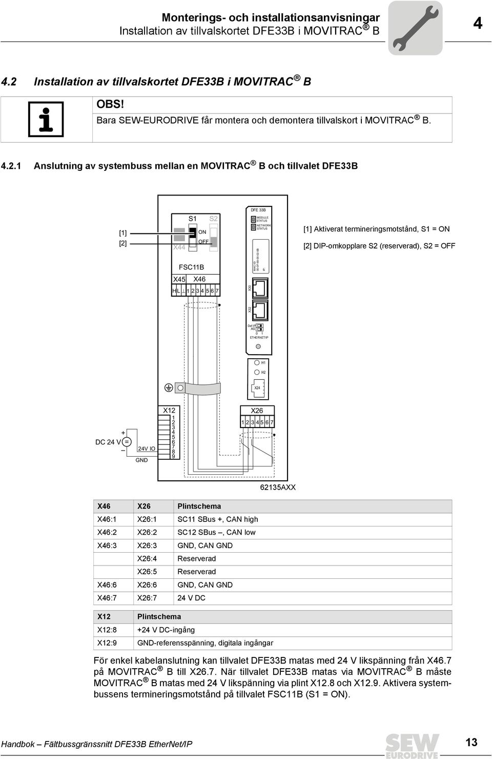 1 Anslutning av systembuss mellan en MOVITRAC B och tillvalet DFE33B [1] [2] S1 S2 ON OFF X44 FSC11B DFE 33B MODULE STATUS NETWORK STATUS MAC ID: 00-0F-69-00-02-0B IP: [1] Aktiverat