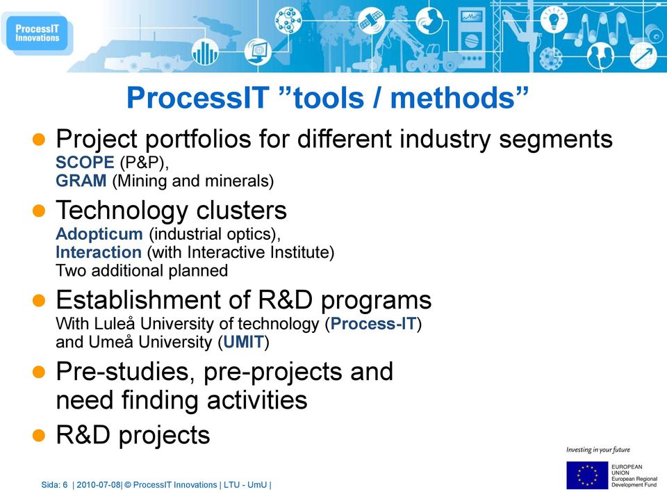 additional planned Establishment of R&D programs With Luleå University of technology (Process-IT) and Umeå