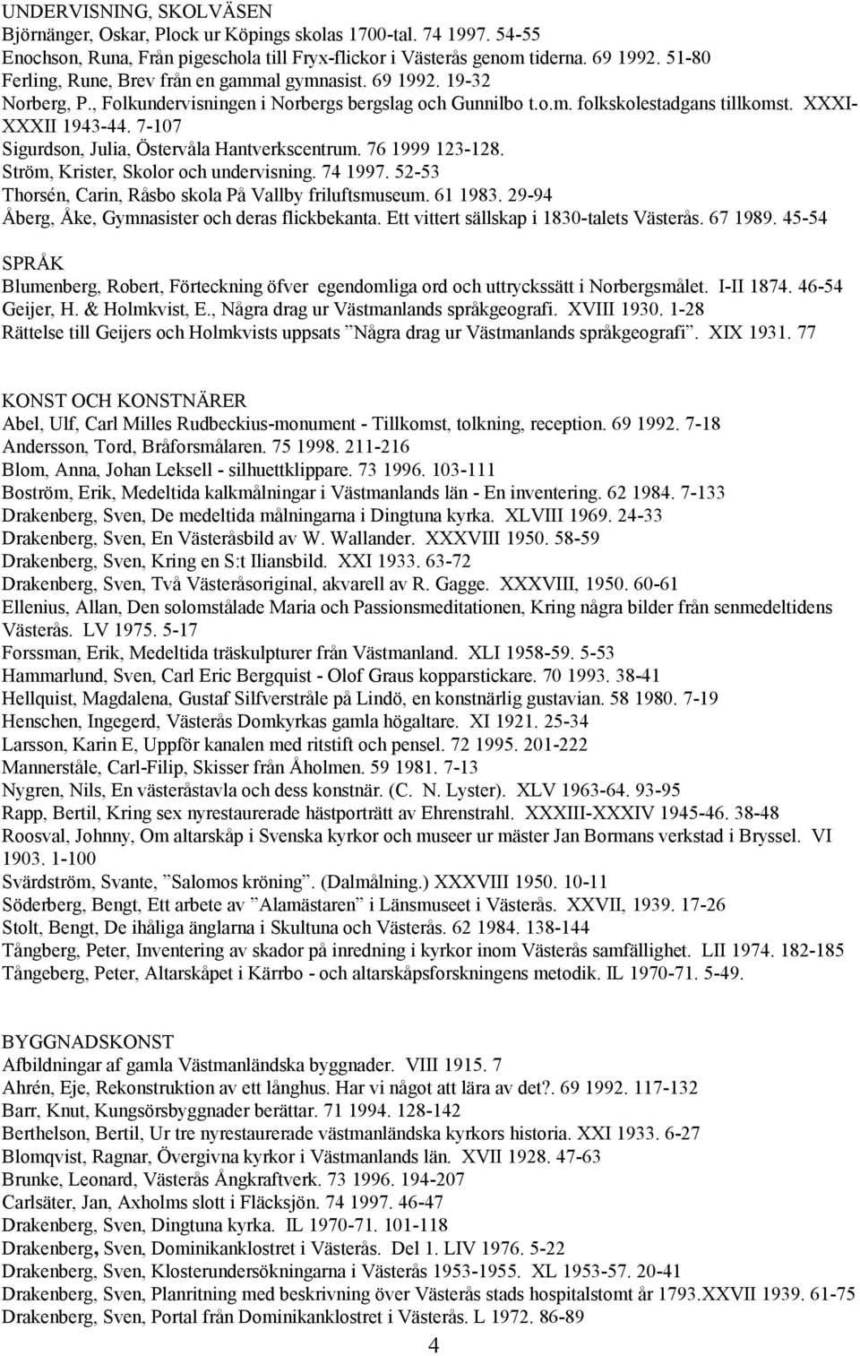 7-107 Sigurdson, Julia, Östervåla Hantverkscentrum. 76 1999 123-128. Ström, Krister, Skolor och undervisning. 74 1997. 52-53 Thorsén, Carin, Råsbo skola På Vallby friluftsmuseum. 61 1983.