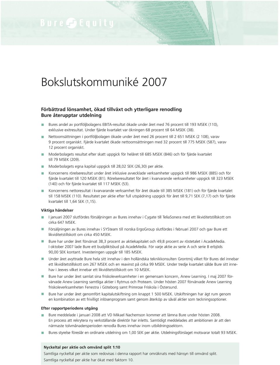 Nettoomsättningen i portföljbolagen ökade under året med 26 procent till 2 651 MSEK (2 108), varav 9 procent organiskt.