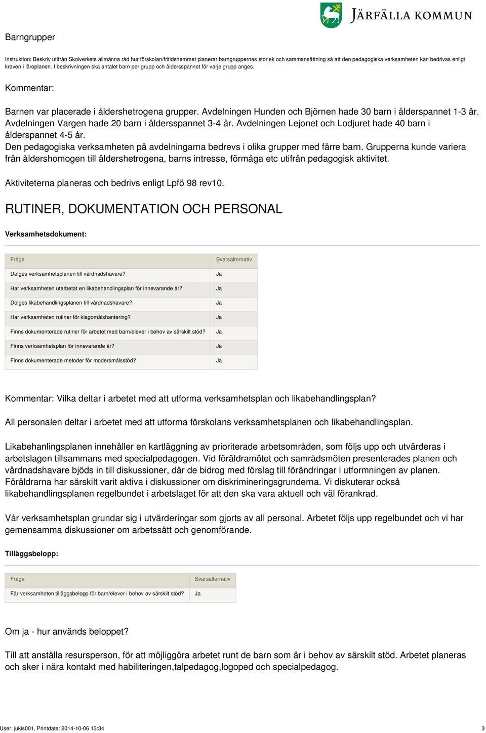 Avdelningen Hunden och Björnen hade 30 barn i ålderspannet 1-3 år. Avdelningen Vargen hade 20 barn i åldersspannet 3-4 år. Avdelningen Lejonet och Lodjuret hade 40 barn i ålderspannet 4-5 år.