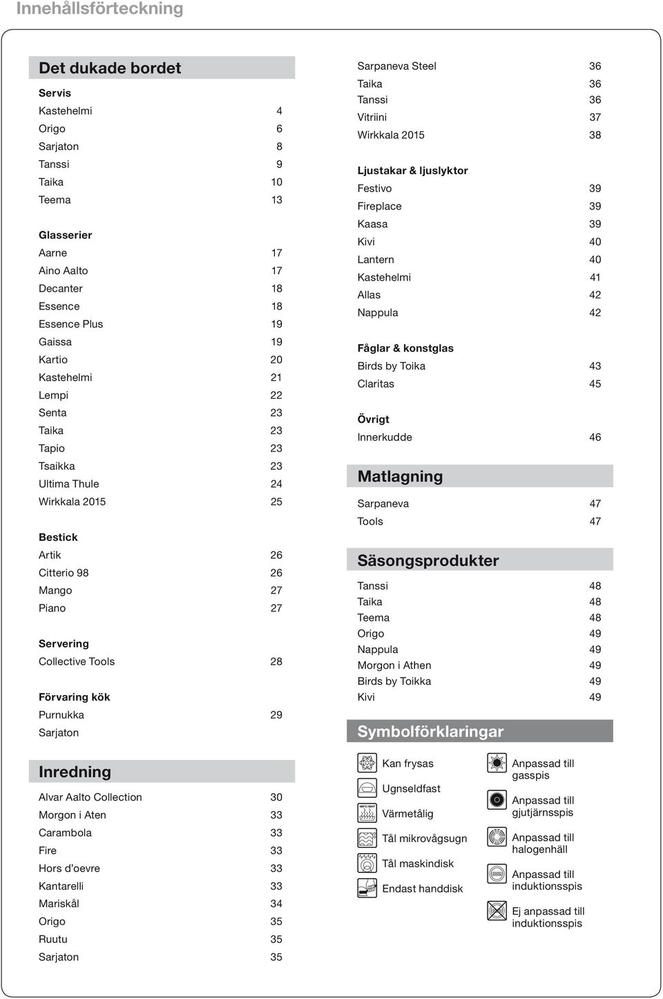 Sarjaton Sarpaneva Steel 36 Taika 36 Tanssi 36 Vitriini 37 Wirkkala 2015 38 Ljustakar & ljuslyktor Festivo 39 Fireplace 39 Kaasa 39 Kivi 40 Lantern 40 Kastehelmi 41 Allas 42 Nappula 42 Fåglar &