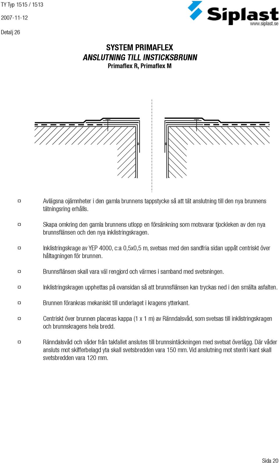 Inklistringskrage av YEP 4000, c:a 0,5x0,5 m, svetsas med den sandfria sidan uppåt centriskt över håltagningen för brunnen. Brunnsflänsen skall vara väl rengjord och värmes i samband med svetsningen.