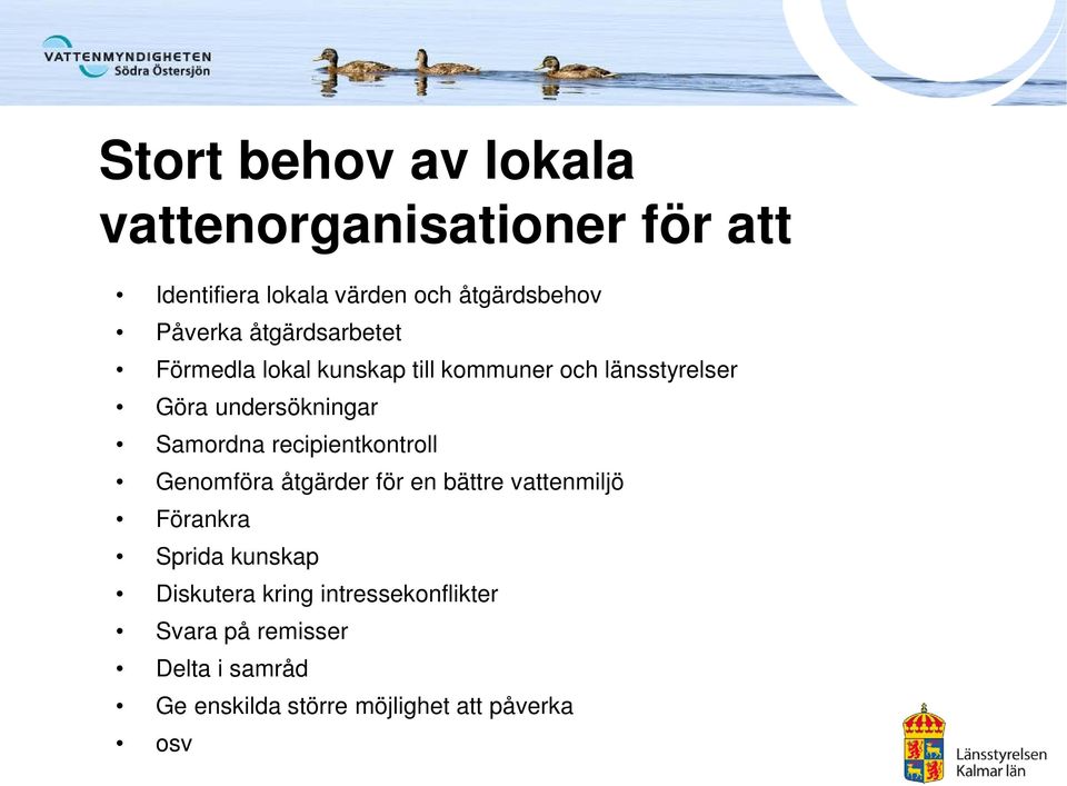 Samordna recipientkontroll Genomföra åtgärder för en bättre vattenmiljö Förankra Sprida kunskap