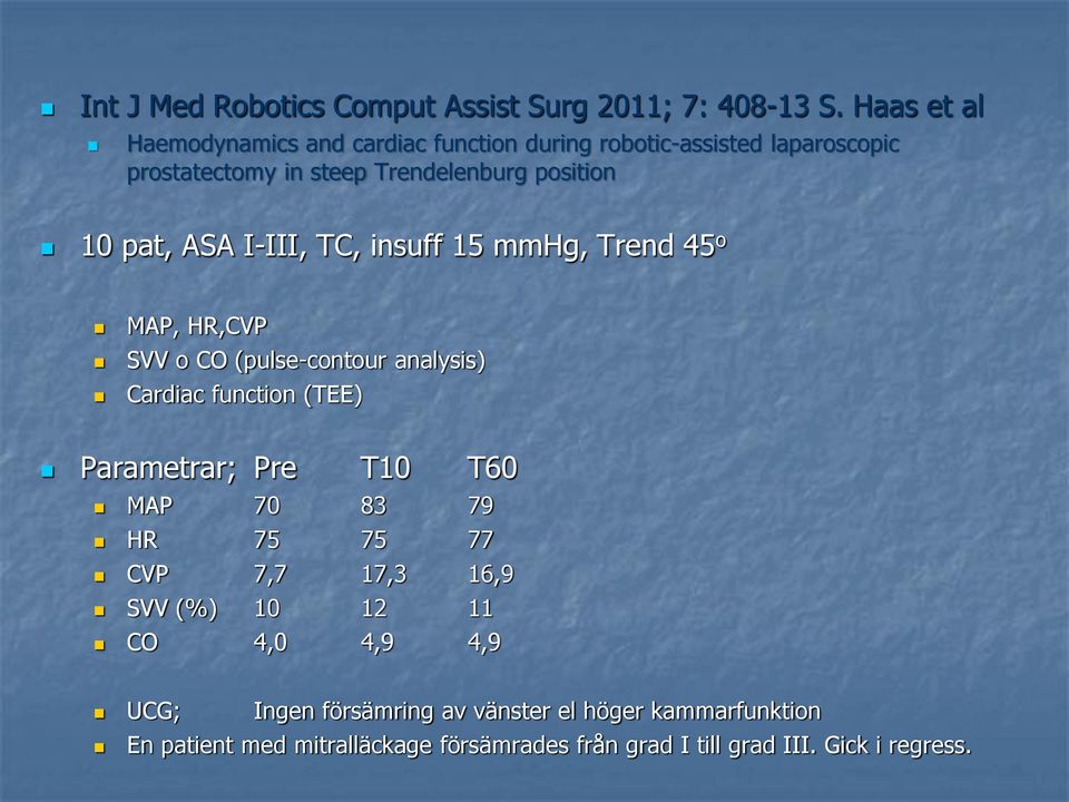 pat, ASA I-III, TC, insuff 15 mmhg, Trend 45 o MAP, HR,CVP SVV o CO (pulse-contour analysis) Cardiac function (TEE) Parametrar; Pre T10