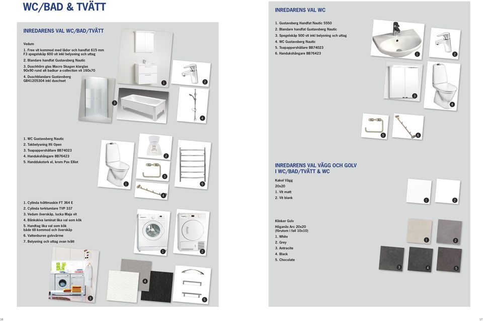 Gustavsberg Handfat Nautic 5550 2. Blandare handfat Gustavsberg Nautic 3. Spegelskåp 500 vit inkl belysning och uttag 4. WC Gustavsberg Nautic 5. Toapappershållare BB74023 6. Handukshängare BB76423 1.