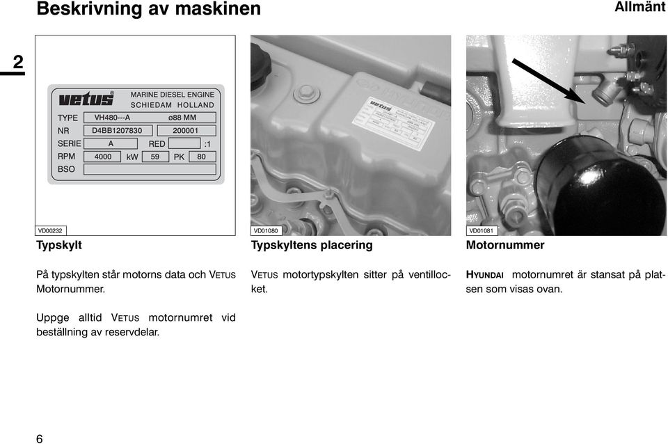 och VETUS Motornummer. Uppge alltid VETUS motornumret vid beställning av reservdelar.