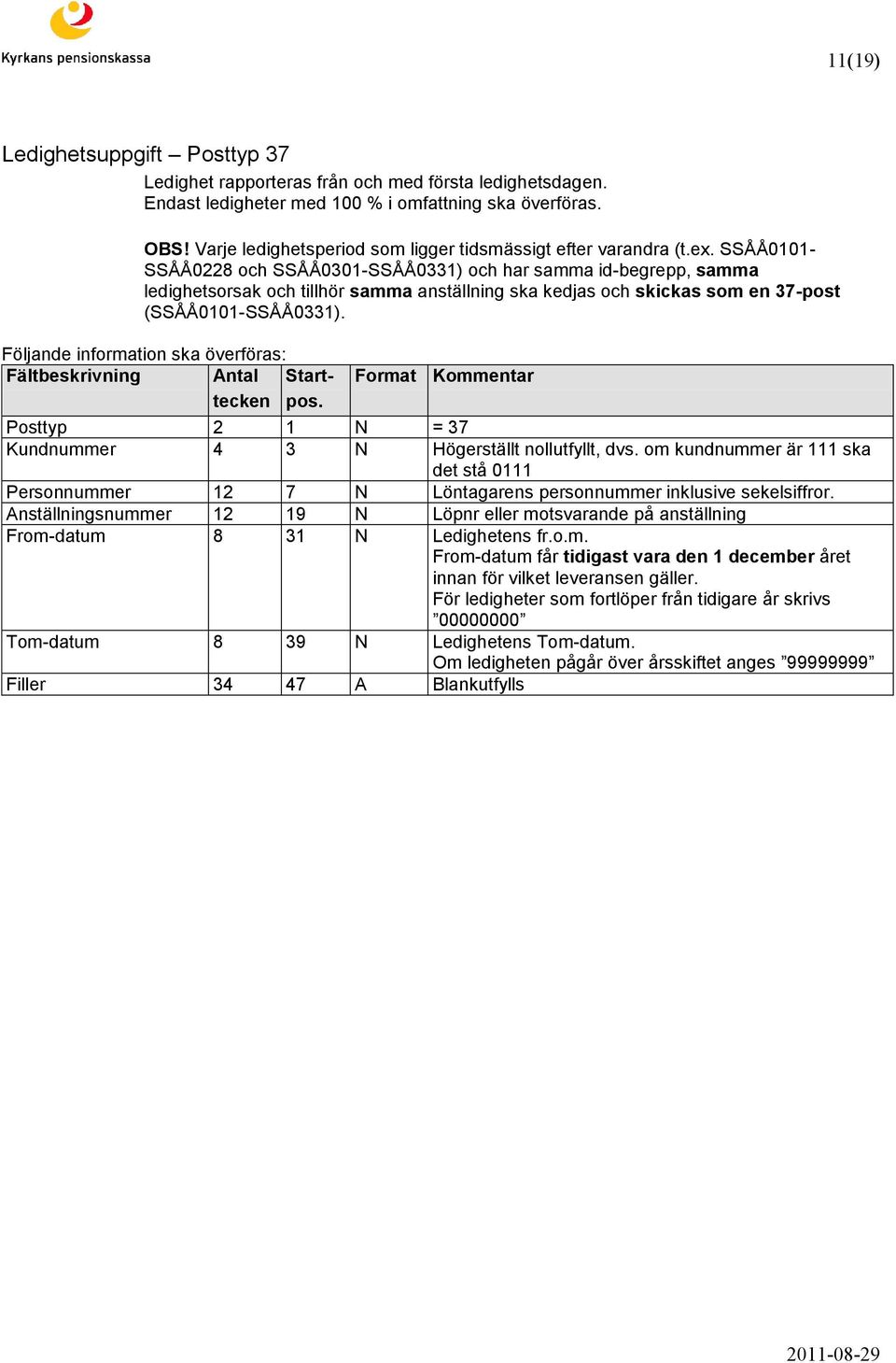 SSÅÅ0101- SSÅÅ0228 och SSÅÅ0301-SSÅÅ0331) och har samma id-begrepp, samma ledighetsorsak och tillhör samma anställning ska kedjas och skickas som en 37-post (SSÅÅ0101-SSÅÅ0331).