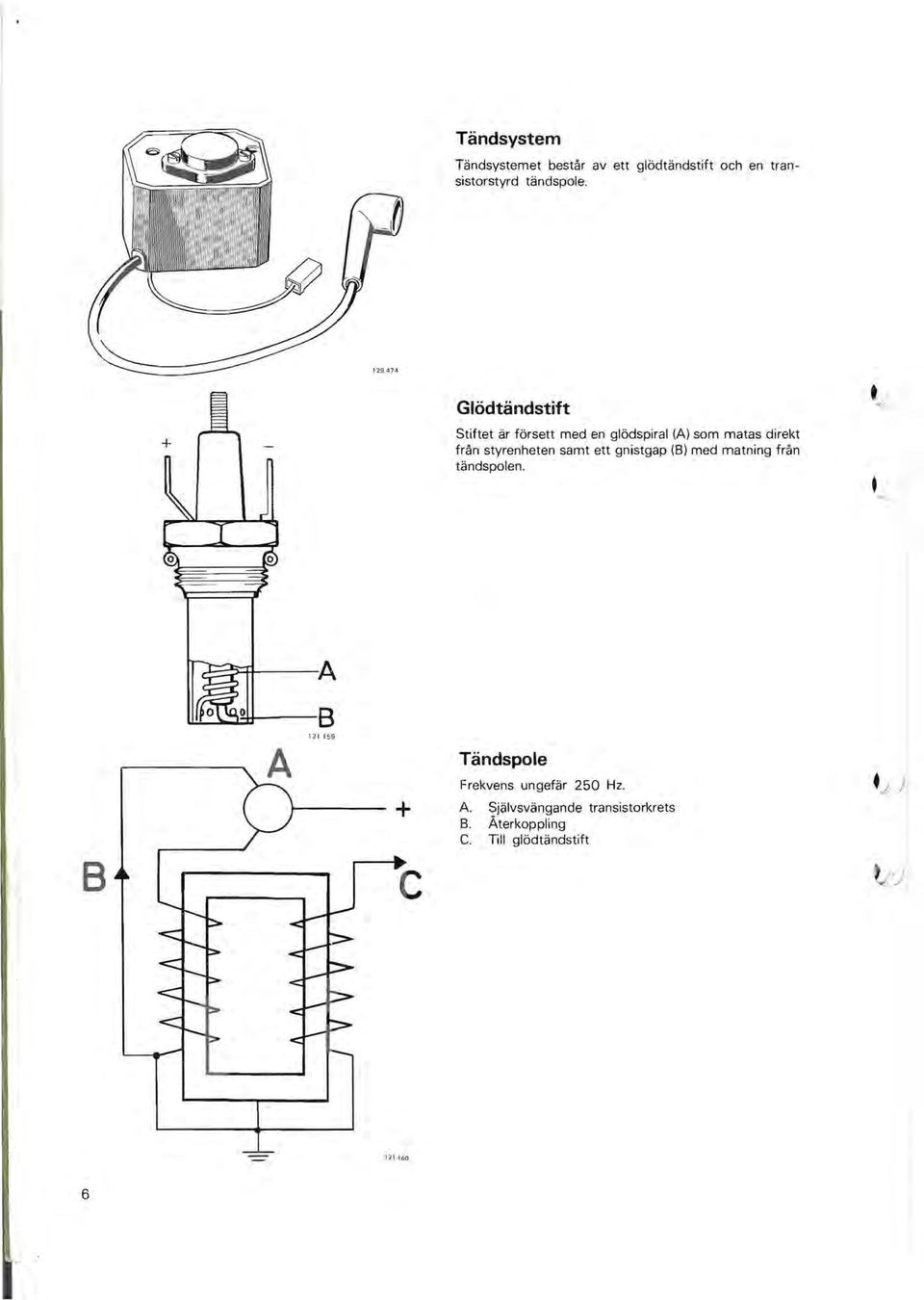 samt ett gnistgap (B) med matning från tändspolen.