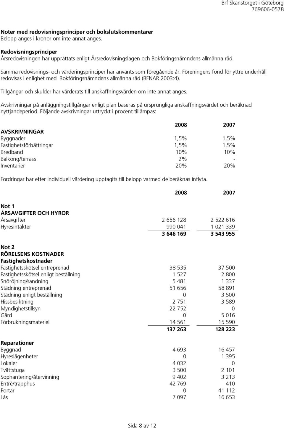 Föreningens fond för yttre underhåll redovisas i enlighet med Bokföringsnämndens allmänna råd (BFNAR 2003:4). Tillgångar och skulder har värderats till anskaffningsvärden om inte annat anges.