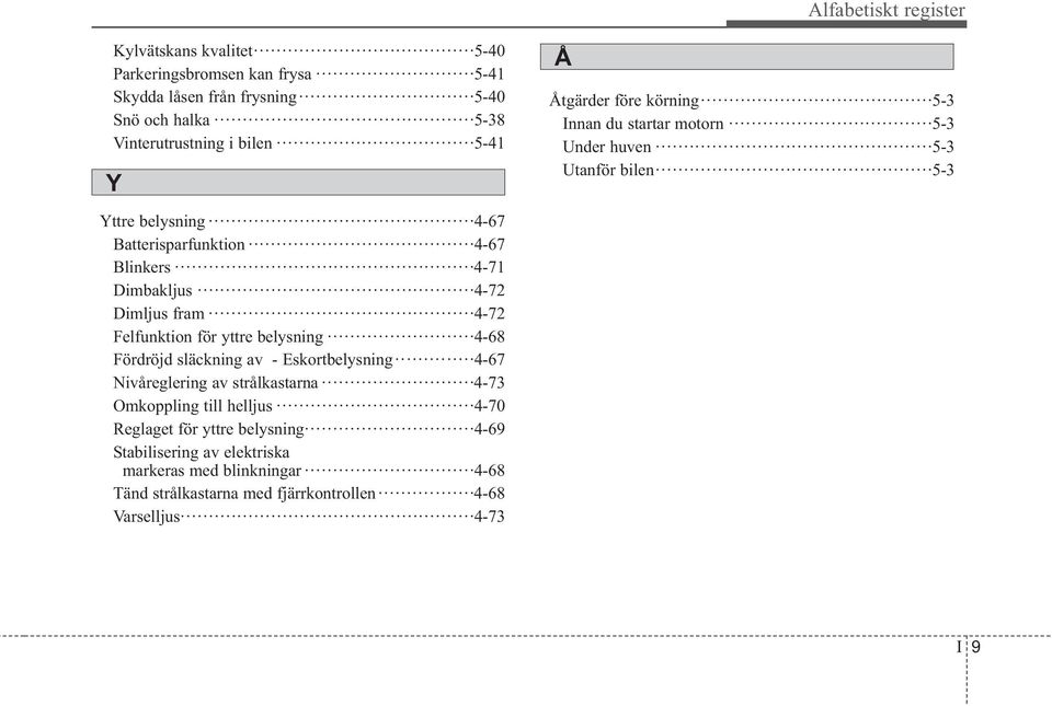 4-72 Dimljus fram 4-72 Felfunktion för yttre belysning 4-68 Fördröjd släckning av - Eskortbelysning 4-67 Nivåreglering av strålkastarna 4-73 Omkoppling till