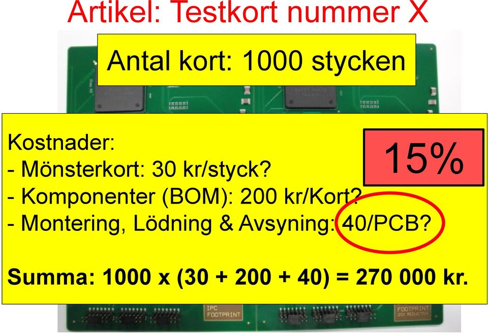 - Komponenter (BOM): 200 kr/kort?