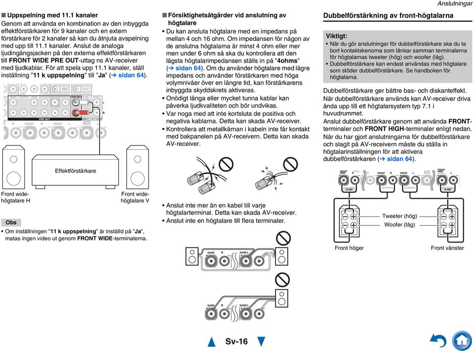 Effektförstärkare Försiktighetsåtgärder vid anslutning av högtalare Du kan ansluta högtalare med en impedans på mellan 4 och 6 ohm.