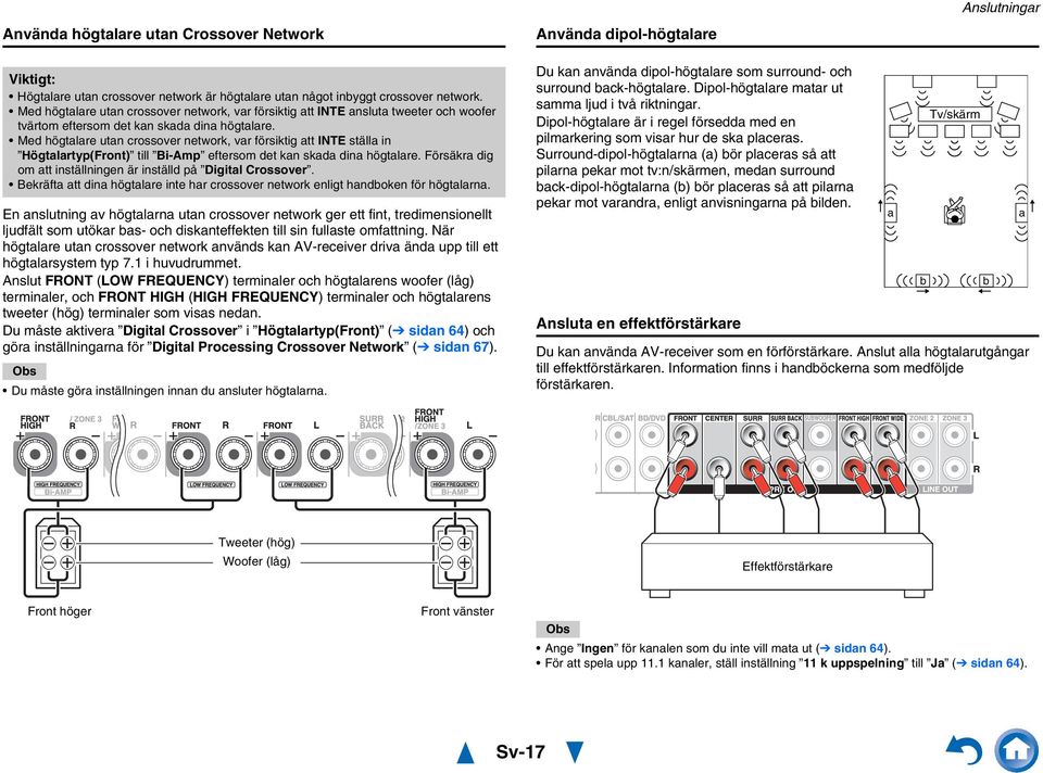 Med högtalare utan crossover network, var försiktig att INTE ställa in Högtalartyp(Front) till Bi-Amp eftersom det kan skada dina högtalare.