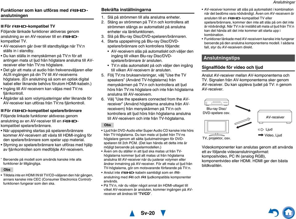 Du kan ställa in menyskärmen på TV:n för att antingen mata ut ljud från högtalare anslutna till AVreceiver eller från TV:ns högtalare.