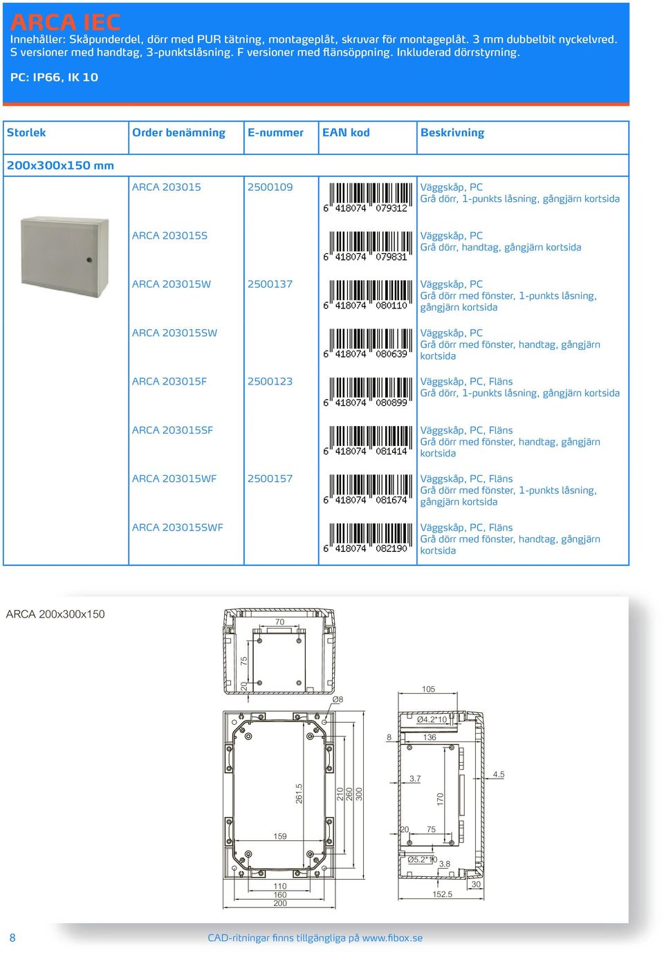 PC: IP66, IK 10 Storlek Order benämning E-nummer EAN kod Beskrivning 0x300x150 mm ARCA 3015 2500109 Grå dörr, 1-punkts låsning, ARCA 3015S Grå dörr, handtag, ARCA 3015W 2500137 Grå dörr