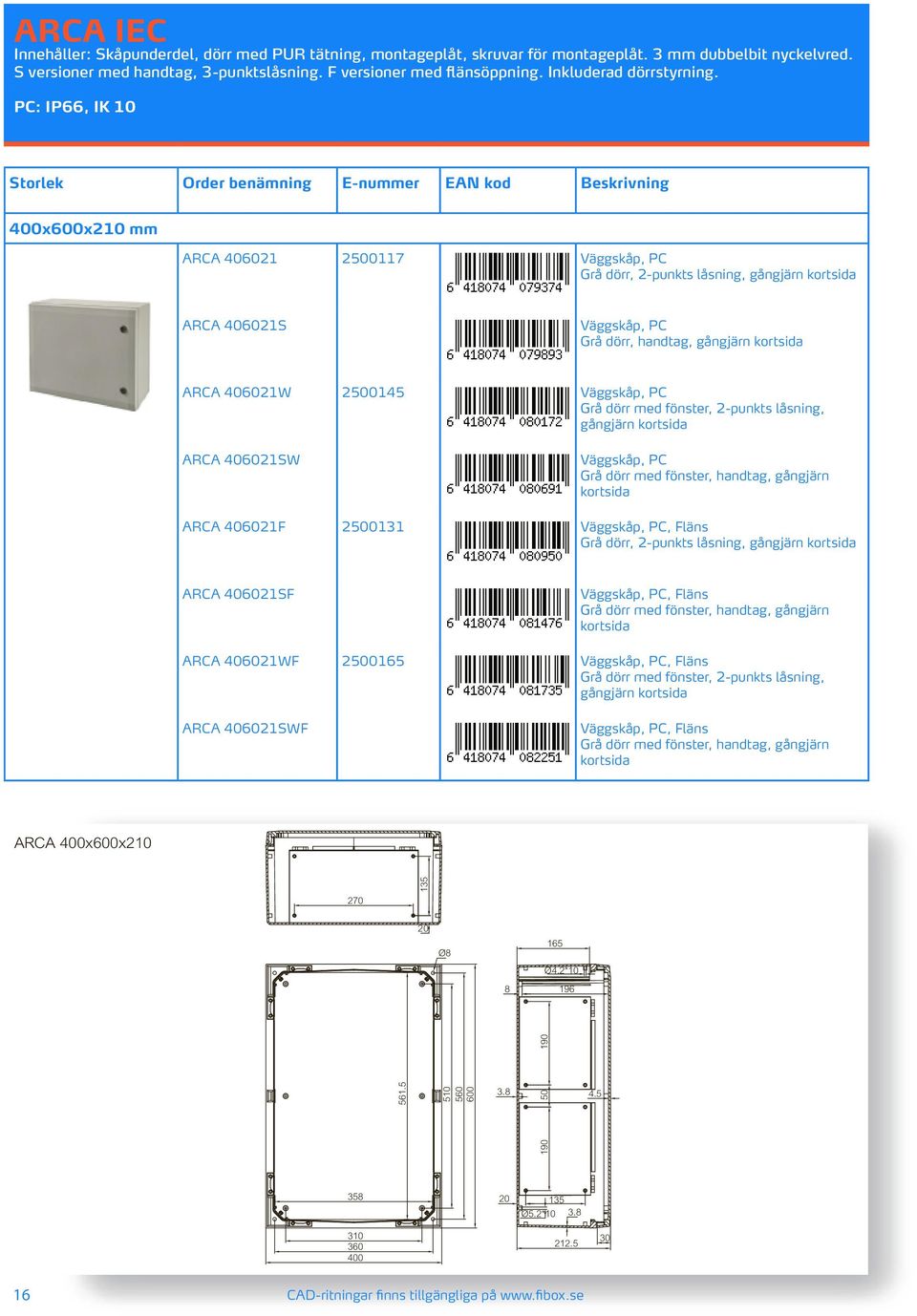 PC: IP66, IK 10 Storlek Order benämning E-nummer EAN kod Beskrivning 400x600x210 mm ARCA 406021 2500117 Grå dörr, 2-punkts låsning, ARCA 406021S Grå dörr, handtag, ARCA