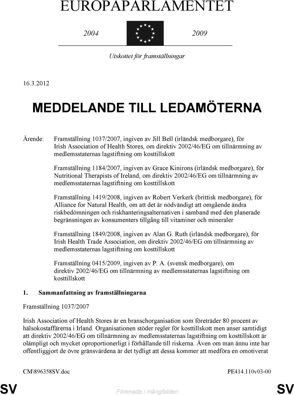 medlemsstaternas lagstiftning om kosttillskott Framställning 1184/2007, ingiven av Grace Kinirons (irländsk medborgare), för Nutritional Therapists of Ireland, om direktiv 2002/46/EG om tillnärmning