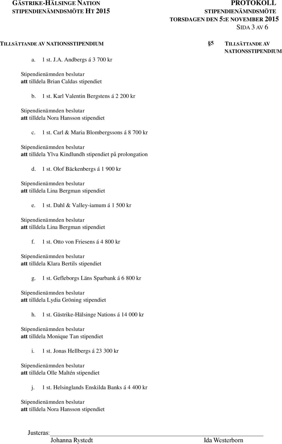 1 st. Otto von Friesens á 4 800 kr att tilldela Klara Bertils stipendiet g. 1 st. Gefleborgs Läns Sparbank á 6 800 kr att tilldela Lydia Gröning stipendiet h. 1 st. Gästrike-Hälsinge Nations á 14 000 kr att tilldela Monique Tan stipendiet i.