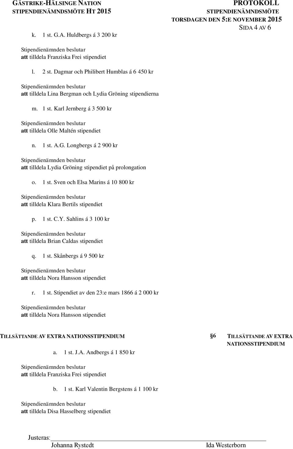 Sahlins á 3 100 kr att tilldela Brian Caldas stipendiet q. 1 st. Skånbergs á 9 500 kr r. 1 st. Stipendiet av den 23:e mars 1866 á 2 000 kr TILLSÄTTAN